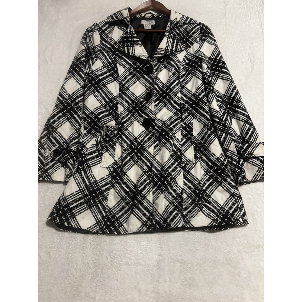 Anthropology LUII Trench Coat Women's Jacket Short Med Black White Plaid No Belt